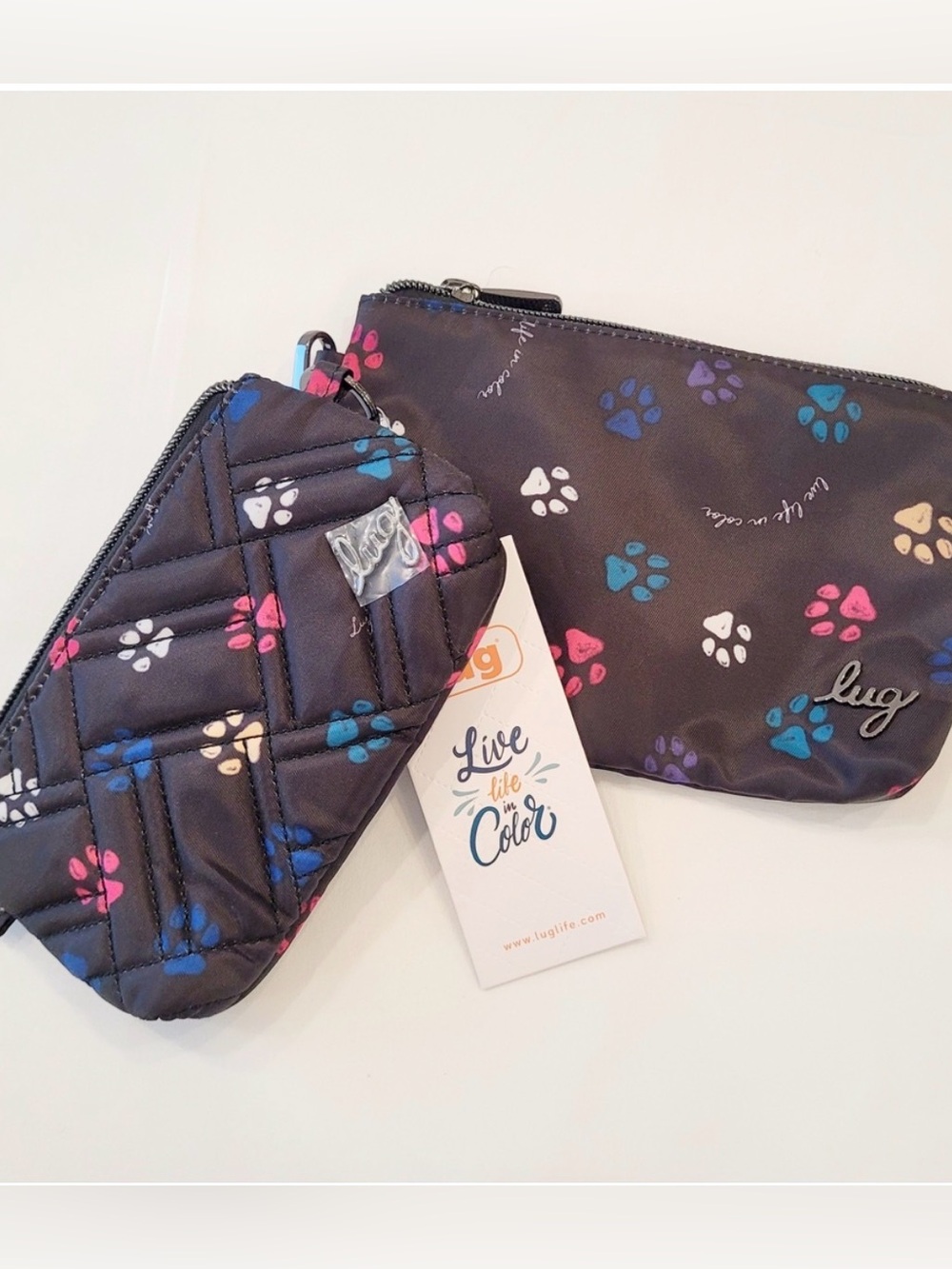 lug Navy Blue Paw Print Zip Pouches with Multicolor Accents (set)